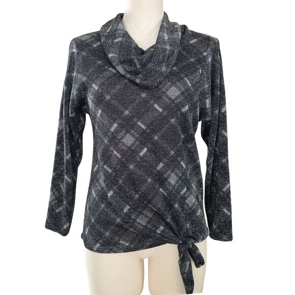 AGB Sweaters - AGB Black Silver Plaid Cowl Neck Side Tie Sparkle Lightweight Sweater Top PS